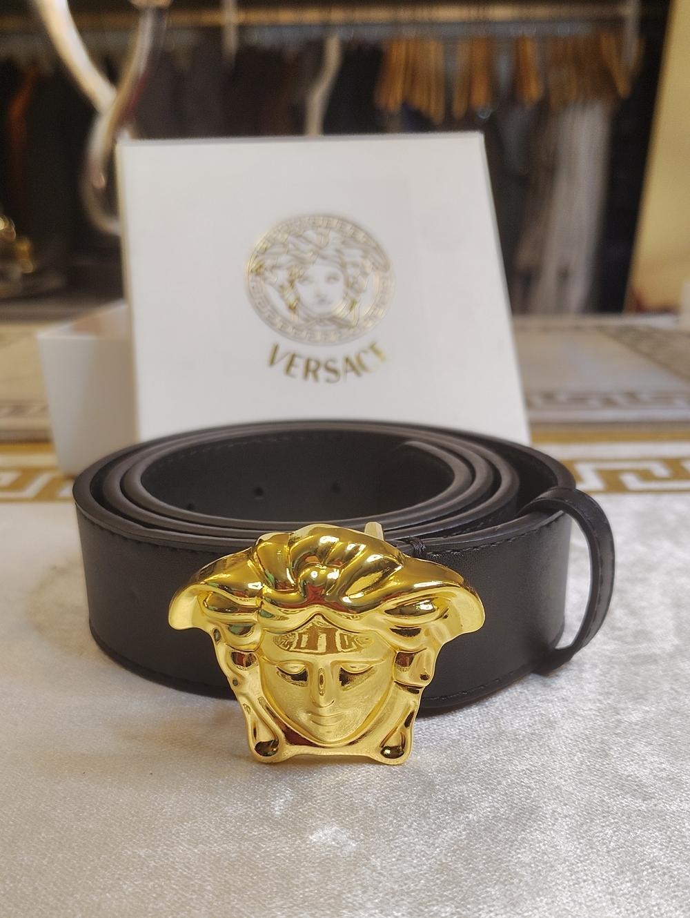 NEW Versace Black Leather Belt with Gold Medusa Buckle